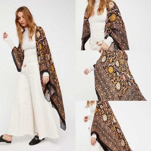 Free People Boho Western Gypsy Magic Dance Black Lava Floral Border Print Kimono - Picture 16 of 16